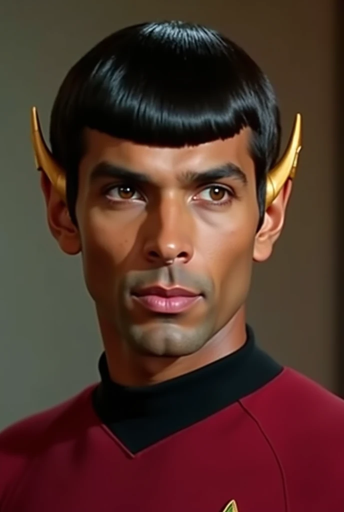 A handsome 25 year old Starfleet male Vulcan. Looks like actor Michael Ealy. Characteristic Vulcan straight hair like Spock, large pointed ear tips, golden brown eyes, dark skin Tone. POINTED VULCAN EARS. Golden EYES. Star Trek