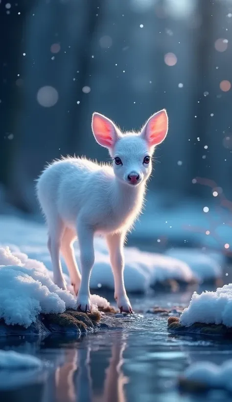 On a serene snowy night, a tiny baby deer, just two inches tall, stands delicately at the bank of a gently flowing river. Its pristine white fur glistens under the bright moonlight, contrasting beautifully with the soft, glimmering snow around it. The deer...