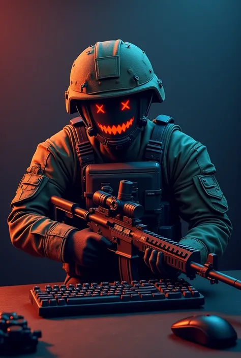  create an image of a logo  , I want you to create through my descriptions :

 Military Soldier disguised as a weapon placed on the table and has a keyboard mouse and a gaming PC on the table, And that the character is laughing without having an evil face ...