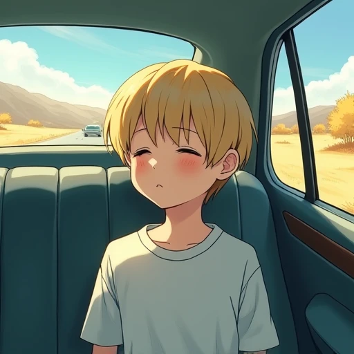  Japanese illustration style,  blush,  opening in the car,  closed eyes, Blonde,  shortcuts,  high res,  boys