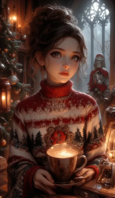 A beautiful woman with beautiful eyes:1.2, detailed eyes, beautiful full lips, highly detailed eyes and faces, long eyelashes, cute expression, smile, sitting:1.4, holding a cup of hot latte, homely background, Christmas sweater, fireplace, warm light, det...