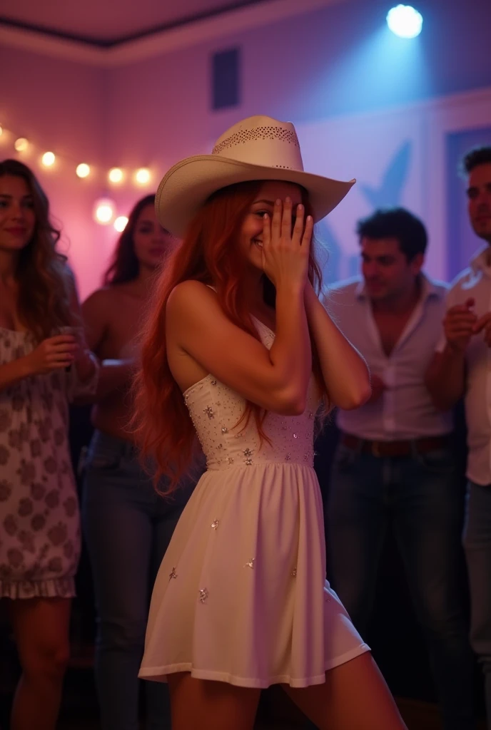 House party .  Natural redhead girl with a white cowboy hat on her head is dancing.  She has a short white dress with sparkles on her .  Everyone is watching her . She covered her face with a hat .  Disco lights and a DJ in the back