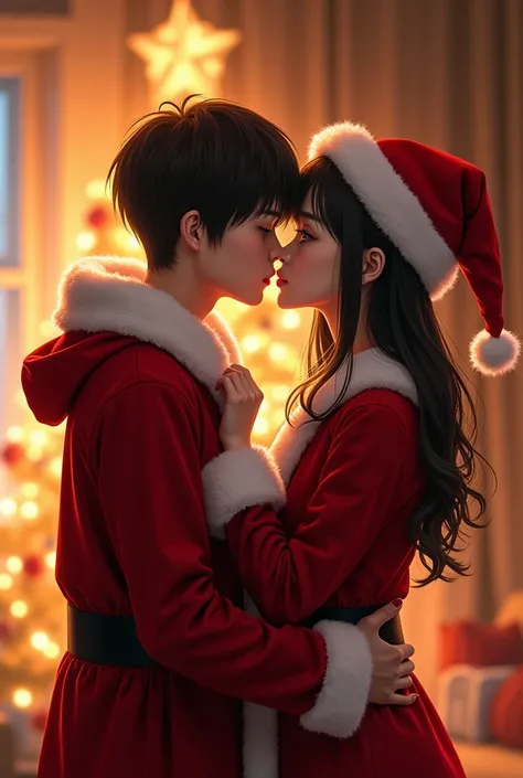 Sugano Japanese actress style, best quality photo, full body shot of a couple in light Santa Claus attire embracing back to back in a closed room with a glowing Christmas tree in the background of the house. A thin-haired middle-aged man and a beautiful, e...