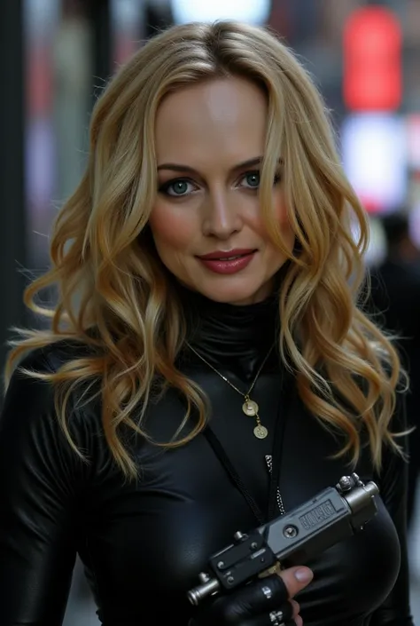 A beautiful young Kristanna Loken as Terminatrix, detailed portrait of a young woman with piercing eyes, flawless skin, full lips, high cheekbones, long eyelashes, slicked back hair, wearing a tight-fitting black leather outfit, holding a futuristic weapon...