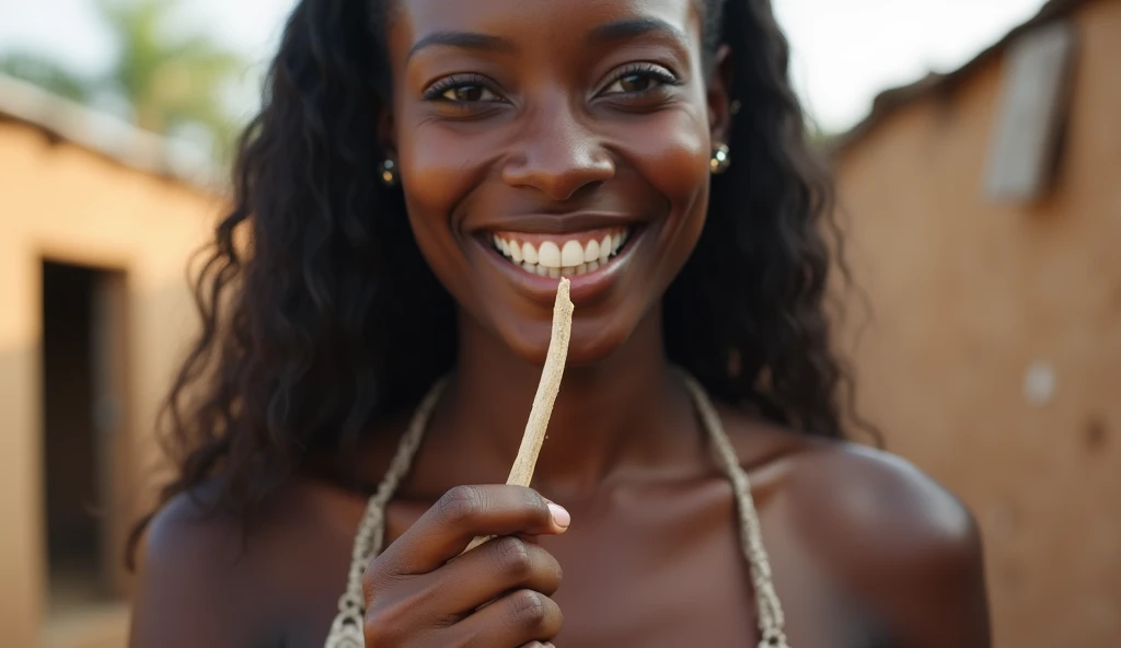 Young African Women around 30 years old , holding small Miswak (stick) in her  Mouth with right hand and have White Teeth , Standing Upright with Confidence , have Big Breast , Long Black hairs and less clothes with African Village in Background and no sun...