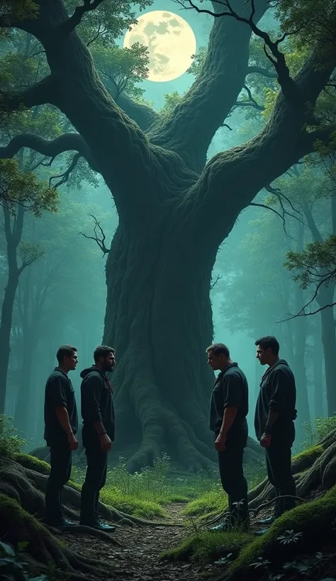 Four angry men next to a huge old tree in the forest in the moonlight, green land