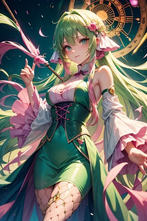  long pink and green hair , The clothes are sexy and fishnet ,  leaving her skin transparent , in her hand holds the stick of time she holds it so that it emanates magical energy,  background a magic clock with time shocks,