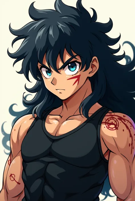 You can create an image of an anime boy who has black hair that is up to my shoulders and that is curly and that my blue eyes and my muscles are big and I wear black clothing with short sleeves for exercise and that his body has a lot of scars and a scar o...