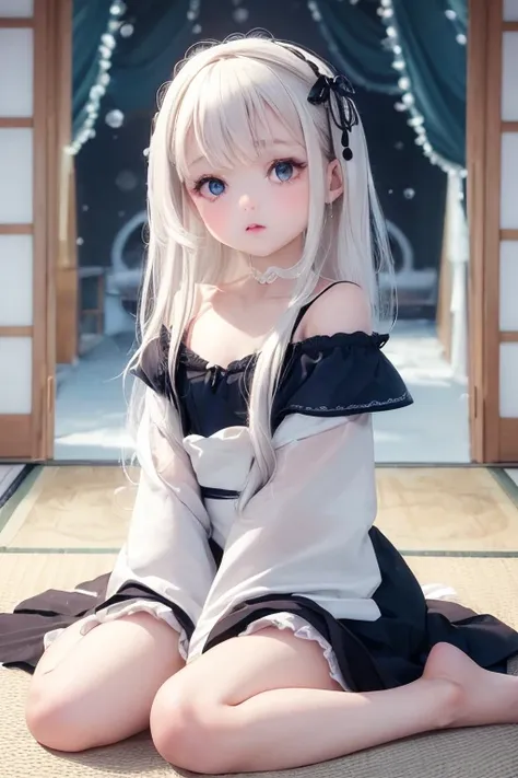 (doll-like lolita girl, porcelain skin, glassy eyes, detailed dress, delicate facial features:1.3), (petit, ultra cute loli, s:1.3), (ultra cute loli face:1.3), ((masterpiece)), ((best quality)), ((ultra detailed)), ((exquisite)), ((depth)), ((crisp)), ((8...