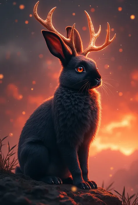 Rabbit Woman, Black fur, antlers, glowing, furry, Crimson stars above (score_9,score_8_up,score_7_up,score_6_up,score_5_up,score_4_up)
