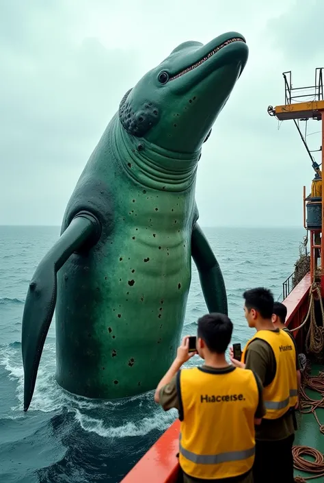  A hyper-realistic photograph of a huge green Leviathan with black spots and scarred skin, standing on the side of a Chinese ship on the high seas with .  worn out by time , The deck is littered with ropes and nets  ,  waves while crew members in yellow ve...