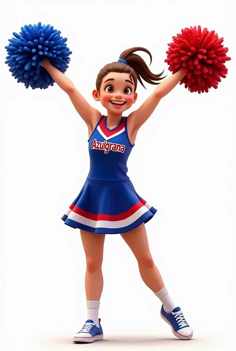 A cheerleader wearing a blue and red ,  dress with the name Azulgrana and who doesnt show her abdomen.   hair tied up . Pom Poms.  white background. That , happy,  smiling 