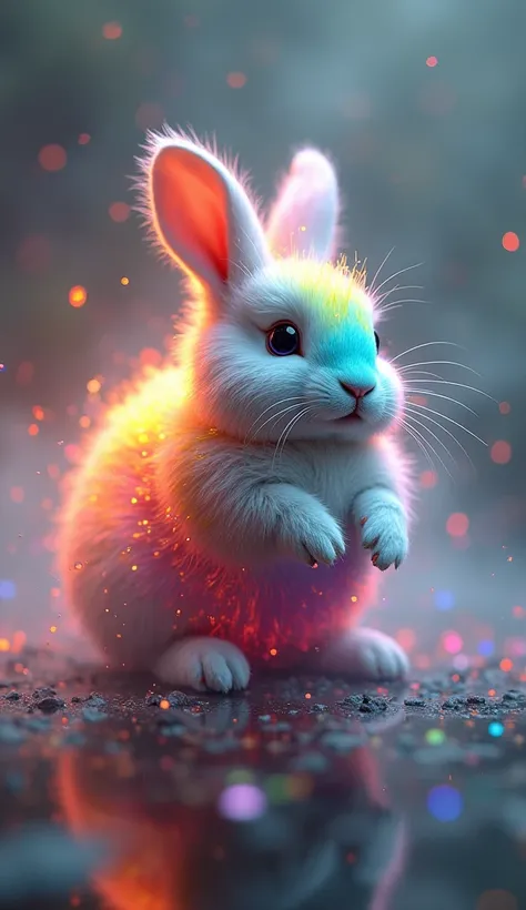 A captivating Photograph of a cute extra fluffy baby realistic rabbit 3D render of a spherical creature with a vibrant rainbow surface,  spinning in a vortex of chaotic annihilation filled with millions of colored particles . The creatures core is surround...