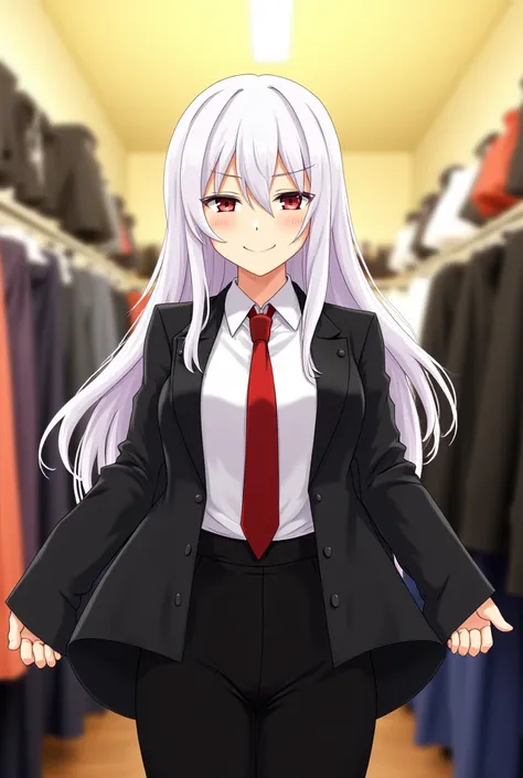 woman, looking her clothes, looking down, blank stare, expressaionales gaze, White hair, long hairy, formal clothes, black jacket, black pants, red tie, white shirt, holding the edges of her jacket, clothes shop background, centered overhead light point, y...