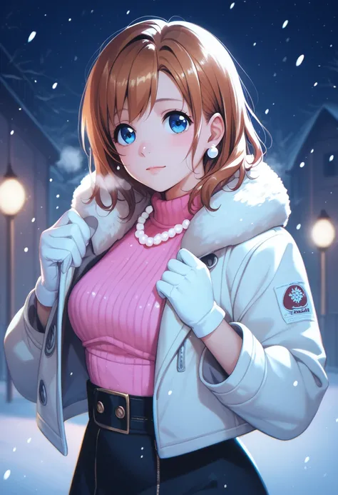 score_9, score_8_up, score_7_up, score_6_up,Shiny skin, kousaka honoka, blue eyes, beautiful, winter clothes, breathing, brown hair, night, snowing, cowboy shot,pink shirt,white crop jacket, sleeveless, white gloves, Pearl necklace, earrings