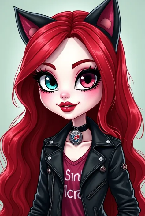 Can you draw me a girl in monster high draw style with these appearance :
White skin
Red and healthy long hair
Medium hight 
Wearing leather jacket 
Looks like coraline cat with sleepy eyes
Big lips and perfect nose