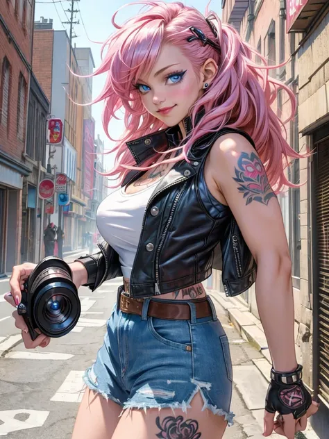 (premium、8k、32K、masterpiece、NffSW:1.3)、(photorealistic:1.4),18 year old punk girl,turned around、Crazy punk hair, long hair, Moda punk radical,tank tops、leather waistcoat、a pink hair,crazy makeup、Many tattoos、street background、Lens flare、Depth of fields,blu...