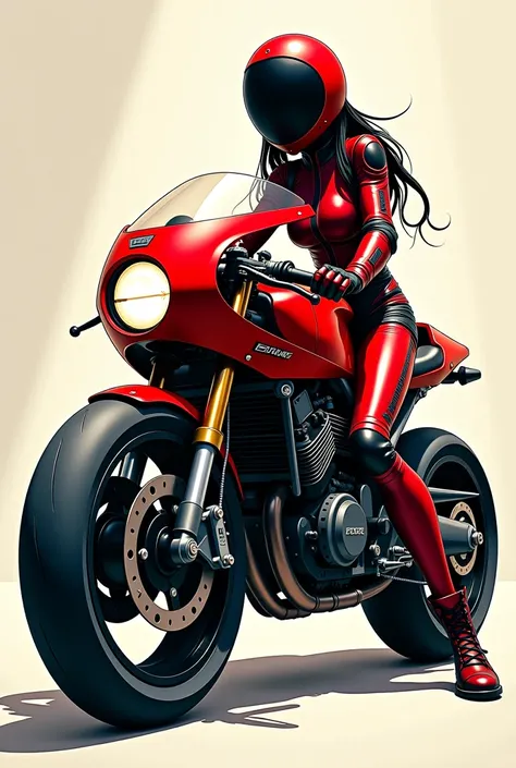  anime girl in a red and black costume is sitting on a motorcycle ,   Raymond Swenland  のスタイル,   riding a cyberpunk motorcycle, inspired   Raymond Swenland  ,     James Gurney painting style  ,   motorcycle concept art  ,   Raymond Swenland  , o Masamune  ...