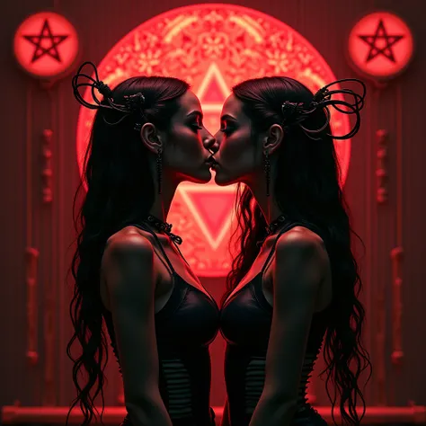 two biomechanical girls kissing with an hr giger style with cables coming out of their backs with a mystery horror gothic background all bio mechanical and satanic symbols pentagrams for album cover with the name Seven Sins with atmospheric red tones