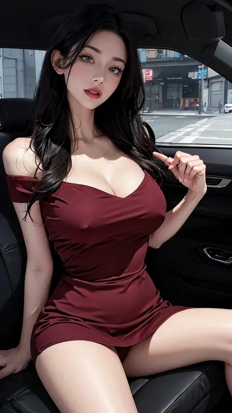  (( open your mouth))、  masterpiece , top quality , high res, very detailed, skinny,,(( stunning smile  )),大きく open your mouth、saliva、糸を引くsaliva、Stretch out your tongue、ecstatic smile 、(((dongtan style dress))),  in a luxury car in the early afternoon、 wid...