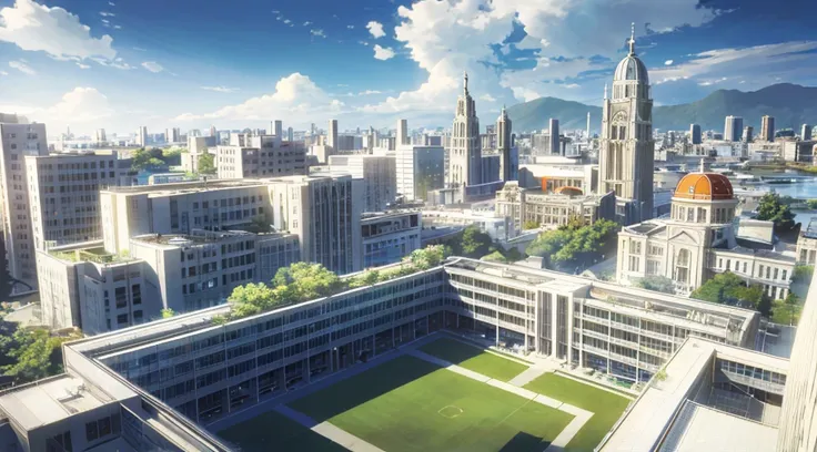 (Masterpiece: 1.2, highest quality), (Lighting) 3, detailed anime-style illustrations, luxury big modern universities, campus area, dorm, faculty building, white marble, campus field, park, lake, buildings in shadow and looking dark and hazy. The entire sc...