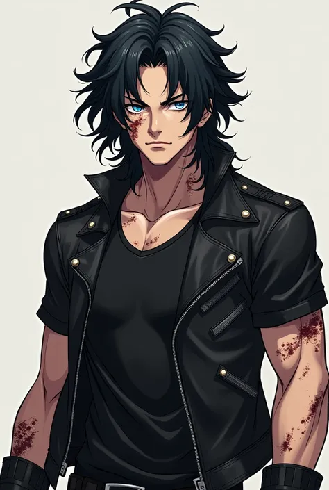 You can create an image of an anime boy who has black hair that is up to my shoulders and that is curly and that my blue eyes and my muscles are big and I wear black clothing with short sleeves and a biker jacket and whose body has a lot of scars and a sca...