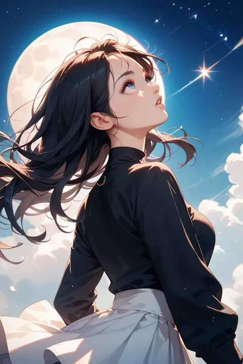  girl with long black hair  ,wearing a black shirt and a long sleeve and a white skirt , looking up at the starry sky and full Moon looking up at the sky. back view