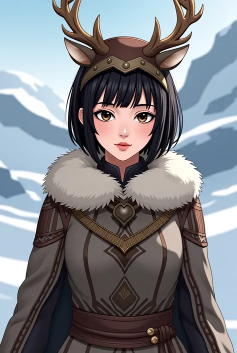 An anime-style illustration of a young woman from a cold-climate tribe, wearing a deer mask with antlers. She has short black hair, dressed in warm tribal attire made of fur and leather, with intricate patterns inspired by snowy regions. The background sho...