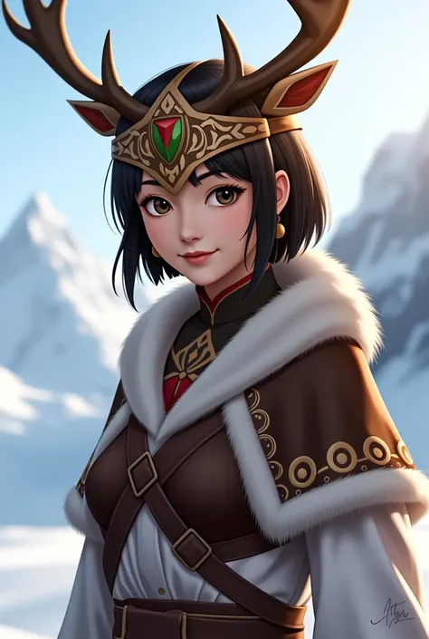 An anime-style illustration of a young woman from a cold-climate tribe, wearing a deer mask with antlers. She has short black hair, dressed in warm tribal attire made of fur and leather, with intricate patterns inspired by snowy regions. The background sho...