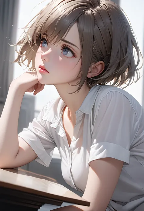 (masterpiece, best quality), (photorealistic:1.2), high resolution, extreme detailed, highest detailed, anime style, Anatomically correct, 1girl, solo, A woman lost in thought, cowboy shot, (looking away:1.2), highly detailed beautiful face and eyes, short...