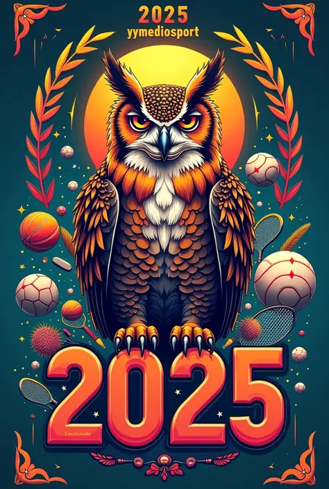 Sports poster congratulating the year 2025 ,  where the name YMEDIOSPORT is named and sports elements and an owl appear 