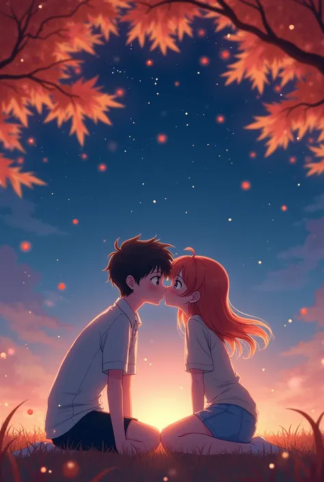 Create a anime characters boy and girl, background falling star, sitting under maple tree, at night, kisses 