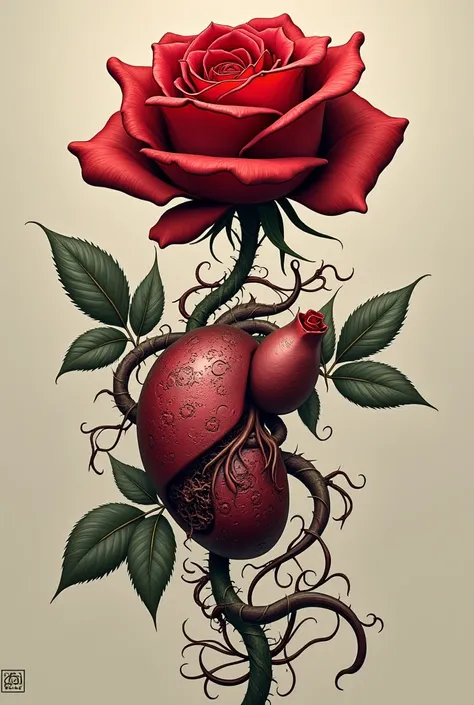 Red rose with neotradicioma tattoo style that has extensions to entangle around the spleen that has ren has loose petals