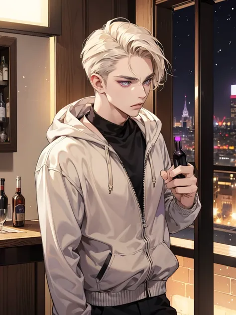 a boy, purple eyes, cream beige hair. so handsome.  Background in bar at night. he teenager.  gangster. outfit  black. wear hoodie. slicked back hairstyle. thug. badass. winter.  he so cool. he drunk