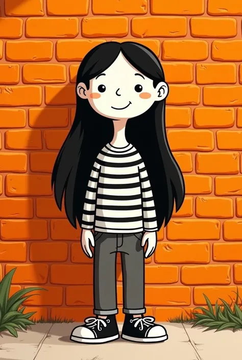 Create an image of a long-haired cartoon character in a black and white shirt, standing behind it is an orange brick wall.