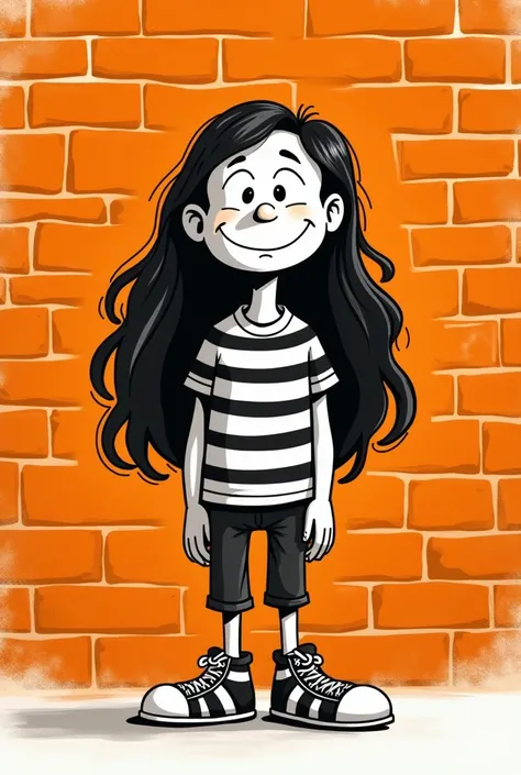 Create an image of a long-haired cartoon character in a black and white shirt, standing behind it is an orange brick wall.