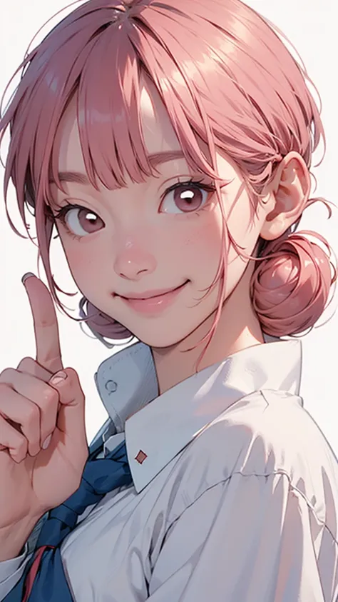  1 girl、solo、 short hair、 double bun、 Pink Hair、 brown eyes、School Uniform、smile、 peace sign