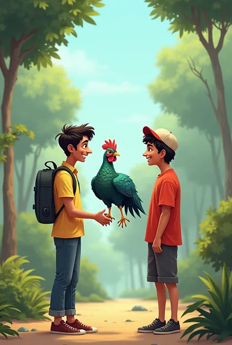 (Ramesh said to Suresh, "Bro, is this a peacock or a rooster? Lets find out!")
