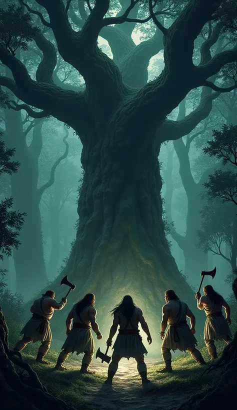 Four angry men with axes looking at a huge ancient tree in the forest by Darkness of the night, green land, ancient times of the prophets