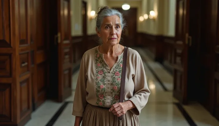 Dolores Suárez stepping into the courthouse, the camera focusing closely on her as she crosses the threshold. She is a woman in her sixties, with silver-gray hair tied back in a tight bun, emphasizing the deep wrinkles that mark her face with stories of sa...