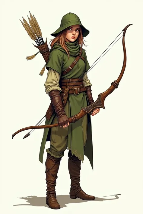 American comic style with thick ink pen traits and contour of a young woman elf ranger holding a magical ancient epic bow in her hand with light brown hair and brown and kaki green fantasy medieval outfit, with a green kaki toque, sharp details, and traits...