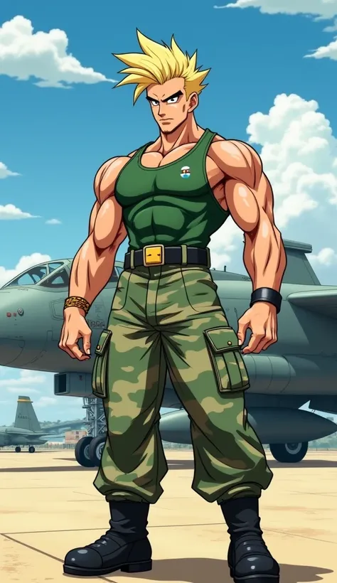 Create an image of Colonel Guile from Streetfighter, with spiky blond hair, with his traditional military green tank top, camouflage military pants and black boots, setting the scene of Guiles fight from Street Fighter 2, the Air Force airport, but in the ...