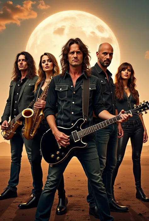  rock group with epic characters three men and two beautiful women,  one with guitar  , another with bass ,  another with drums ,  another with sax and another with keyboard ,  for an album cover 