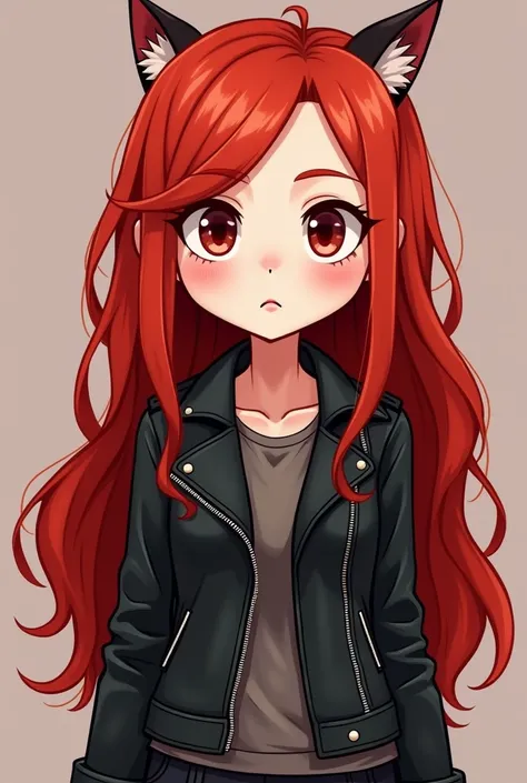 Can you draw me a girl with these appearance :
White skin
Red and healthy long hair
Medium hight 
Wearing leather jacket 
Looks like coraline cat with sleepy eyes
Big lips and perfect nose ,make the draw in moster high cartoon style