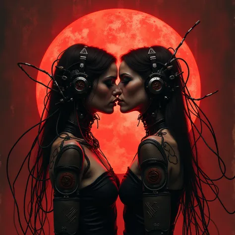 two biomechanical girls kissing with an hr giger style with cables coming out of their backs with a mystery horror gothic background all bio mechanical and satanic symbols pentagrams for album cover with the name Seven Sins with atmospheric red tones