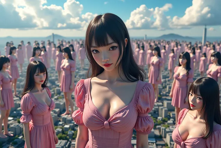 Japanese High Beautiful Super largest class Giant girl, Super Real photorealistic, Super Best masterpiece Raw Photography Art, 16k,  highest image quality taken by Ki,  super high res,  RAW photos , A depiction of a large crowd of very, very super huge clo...