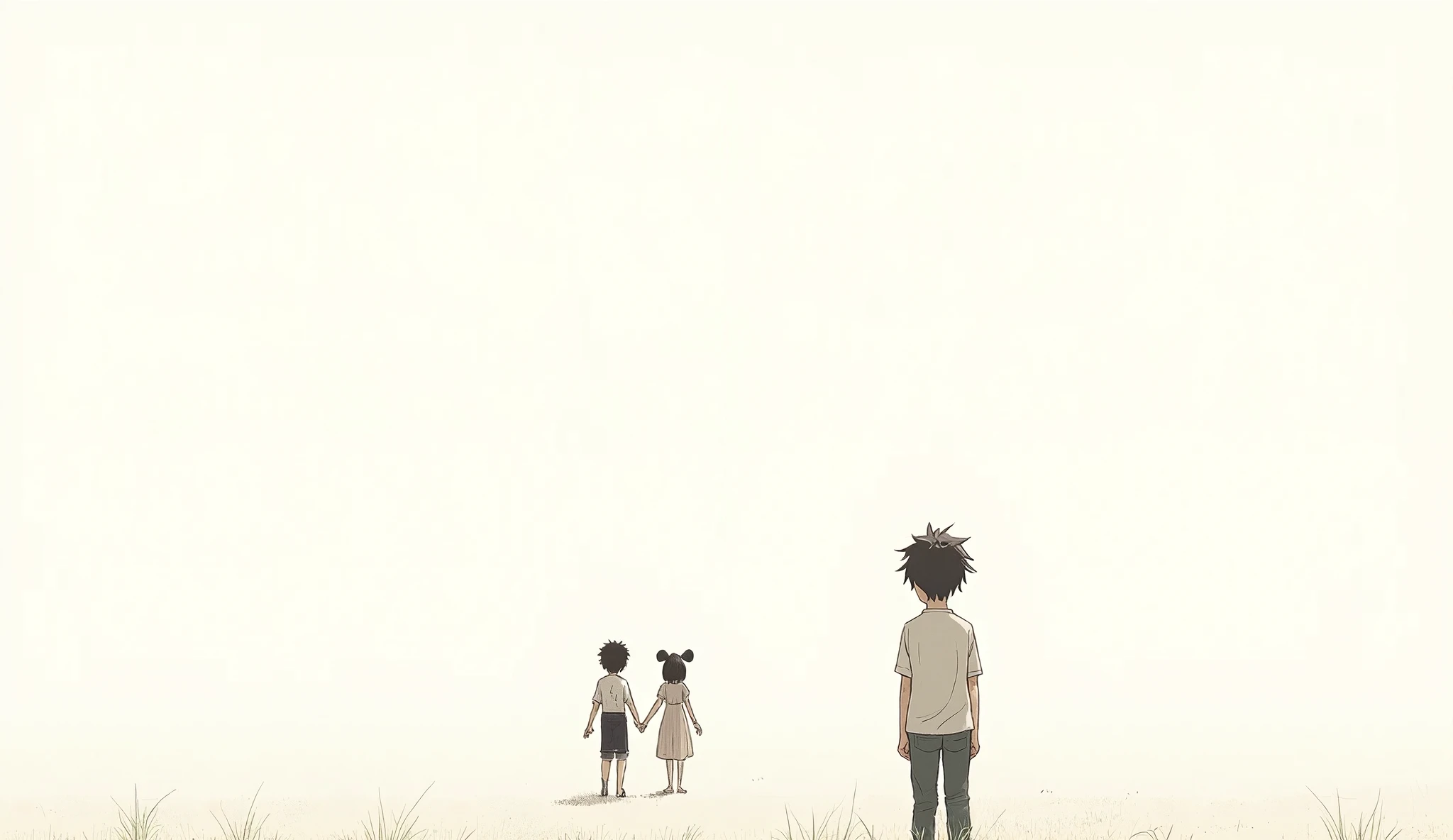 A boy looking girl from far holding hands with another boy sketch standing in a field, plain background, savana background, simple background, wide establishing shot, field background, simple white background, minimalist background,background, random backg...