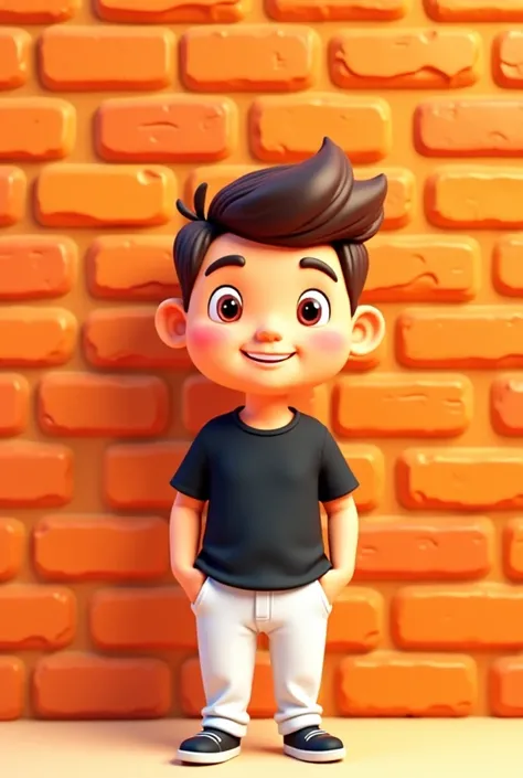 Create an image of a cartoon character wearing a black shirt, white pants. Behind it is a handsome orange brick wall.