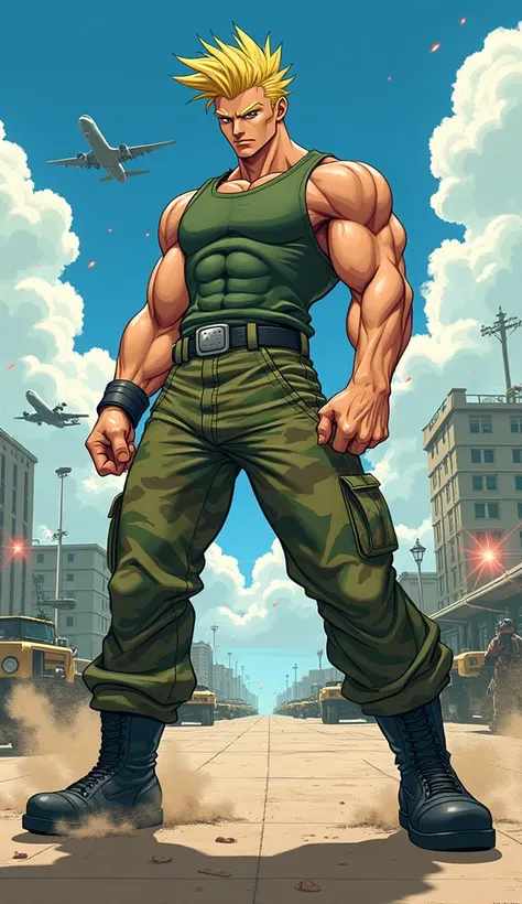 Create an image of Colonel Guile from Streetfighter, with spiky blond hair, with his traditional military green tank top, camouflage military pants and black boots, setting the scene of Guiles fight from Street Fighter 2, the Air Force airport, but in the ...