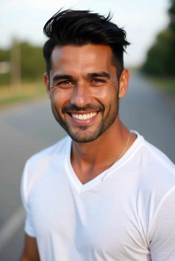 Javier Tib Calle a beautiful man with bright black hair, He is wearing white t-shirt and has a friendly smile. The background empty road